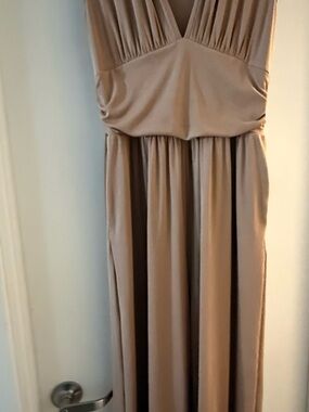 Cider Taupe V-Neck Jumpsuit with Gathered Bodice